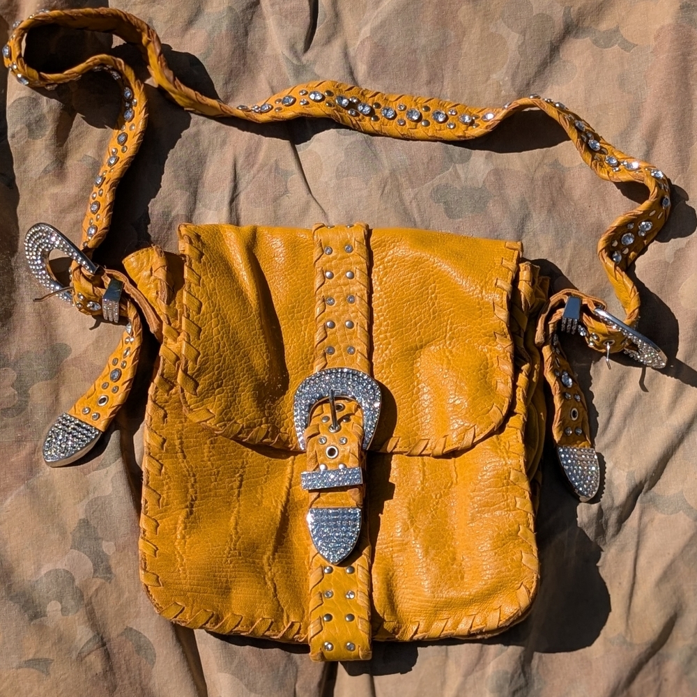 Charm And Luck Yellow Leather Rhinestone Bag Magnetic Closure Buckle Accent